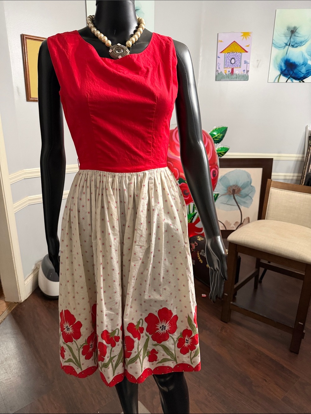 Red Bodice with Cream Floral Border Skirt - Vintage-Inspired Skater